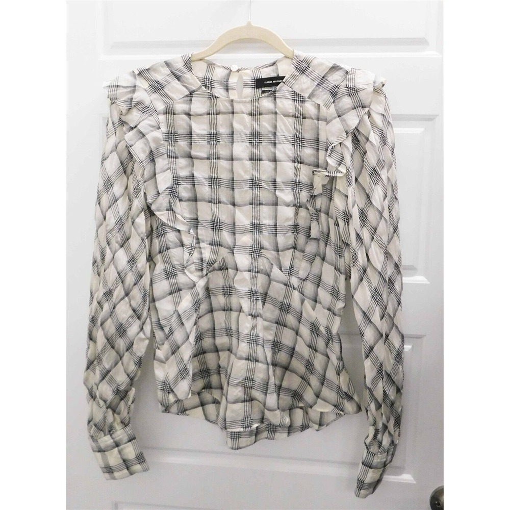 Isabel Marant Black Beige Plaid Ruffle Blouse sz 34